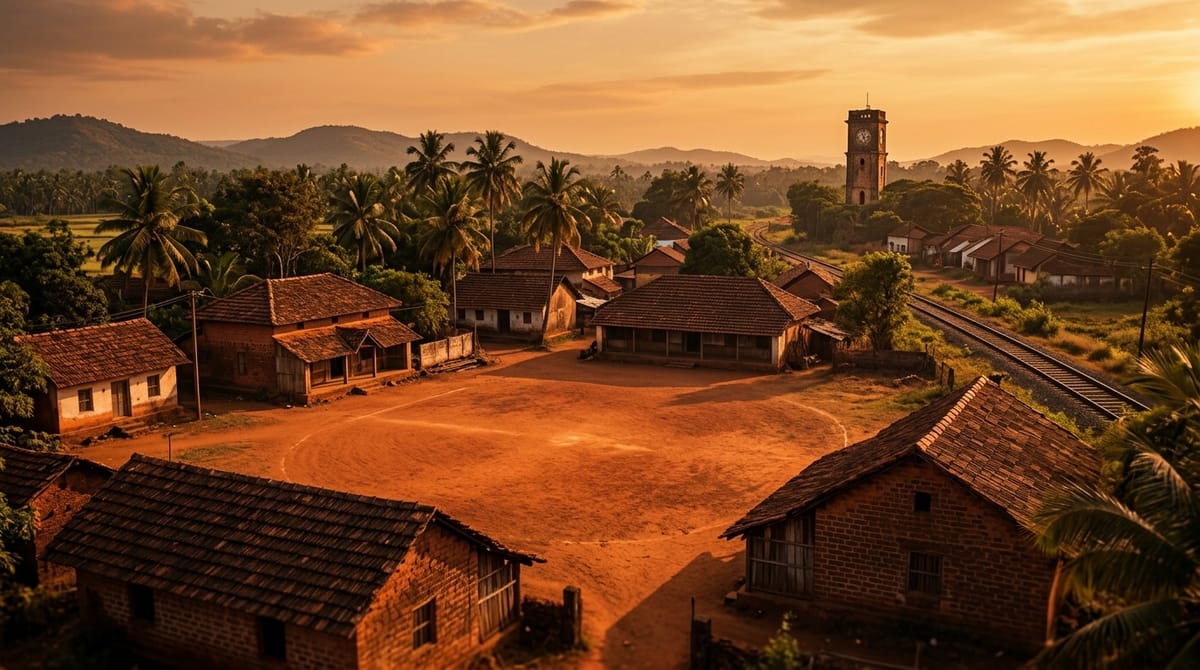 Rural South Indian village cricket ground at sunset, representing the setting of Peddi movie