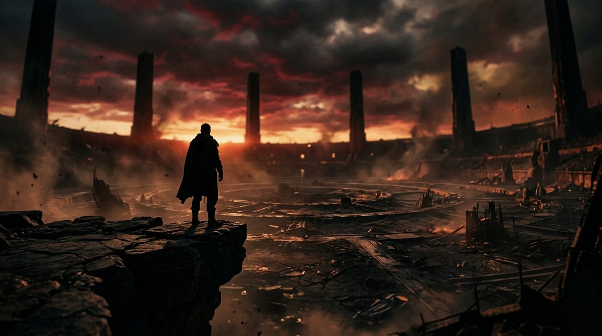A silhouetted figure standing at the edge of a vast circular arena under a dramatic crimson and charcoal sky, evoking a dystopian survival atmosphere.