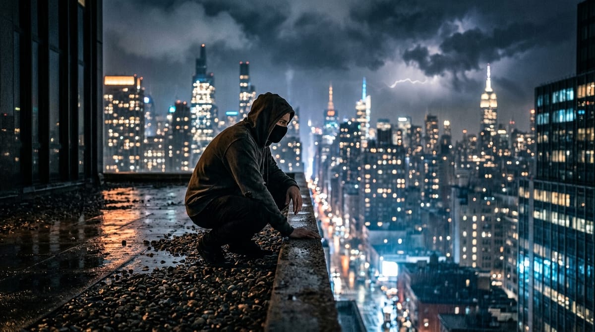 Silhouetted masked figure crouching on a rain-soaked New York rooftop at night, city skyline glowing in the background under stormy skies.
