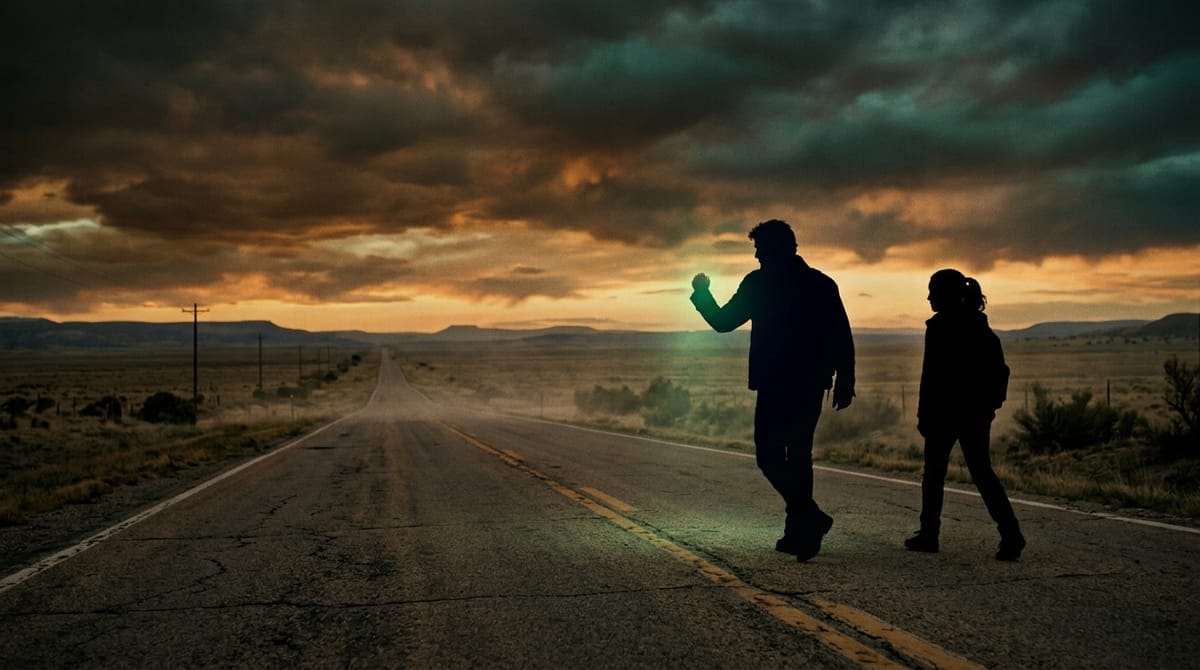 Two silhouetted figures walk along a desolate highway at dusk with a faint green glow from one raised fist against a moody American heartland sky.
