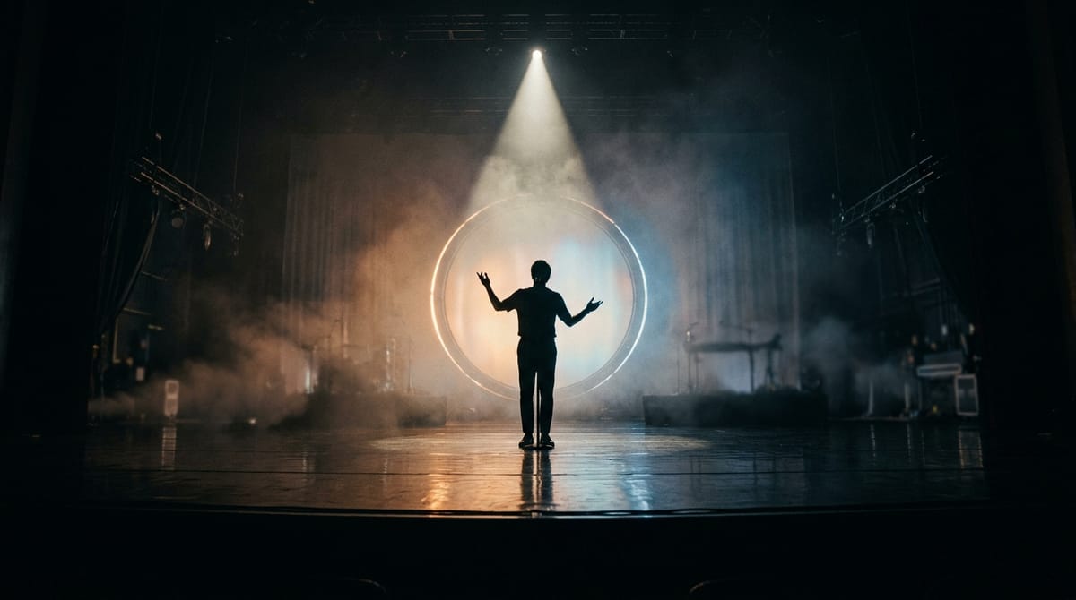 A silhouetted performer standing under a single spotlight on a grand stage with concert haze and dramatic lighting