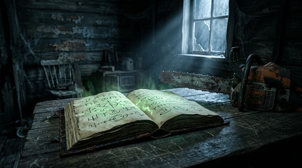 A glowing ancient book and a chainsaw on a dusty cabin table, lit by moonlight through a broken window.
