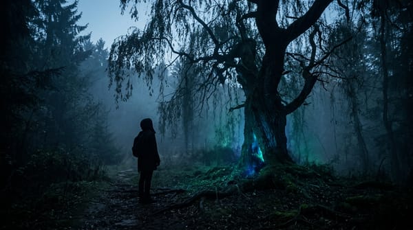 Silhouetted figure standing before a glowing supernatural willow tree in a misty dark forest, evoking cursed-wish horror atmosphere.