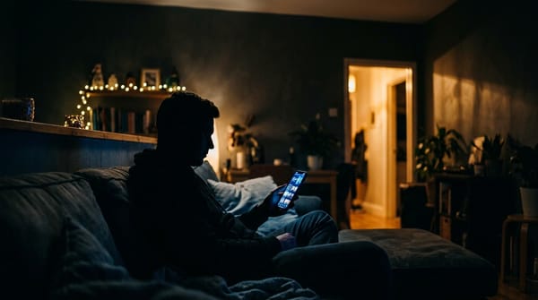 Silhouetted person in a dark room illuminated by the blue glow of a phone screen, with warm golden light in the background creating a moody cinematic atmosphere.