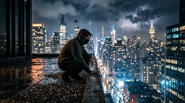 Silhouetted masked figure crouching on a rain-soaked New York rooftop at night, city skyline glowing in the background under stormy skies.