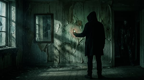 A silhouetted figure holding a small glowing object in a dark room with dramatic shadows and eerie lighting