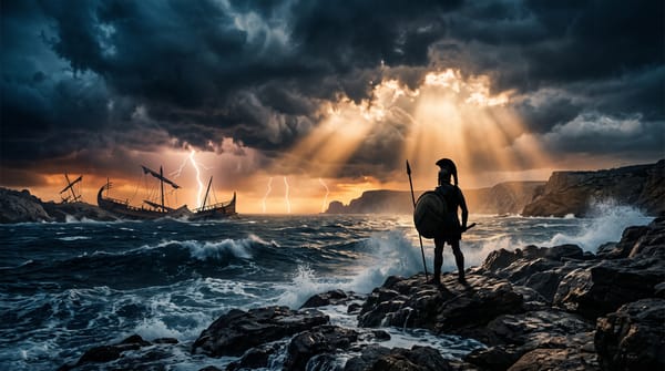 Silhouetted warrior figure on stormy shore with ancient shipwreck, dramatic cinematic lighting